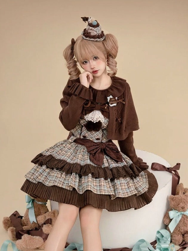 Chocolate & Mint Green Bow Plaid JSK with Heart Brooch - Tan Tuan