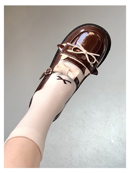 Low-heel with Brown PU Lamb Heart Dazed Buckle and Bow Details Shoes JK Cute