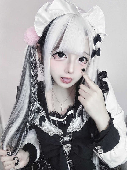80CM Highlight Cut Hime Wig with Straight White Black Bangs