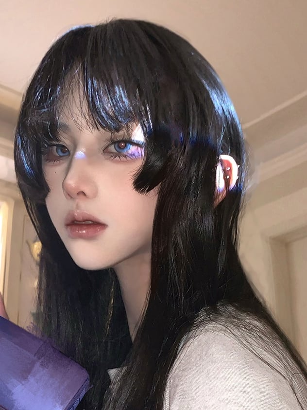 ブラックプリンセスカットロングストレート合成ウィッグ