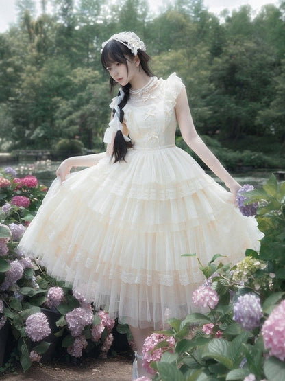 Beige OP Skirt Tulle Dress Lolita Sleeves Tiered Round Flutter Neck Ruffle