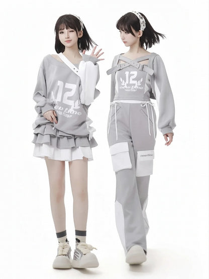 Taille Graues Design Hohe Weiße Colorblock Glamouröse Schlaghose