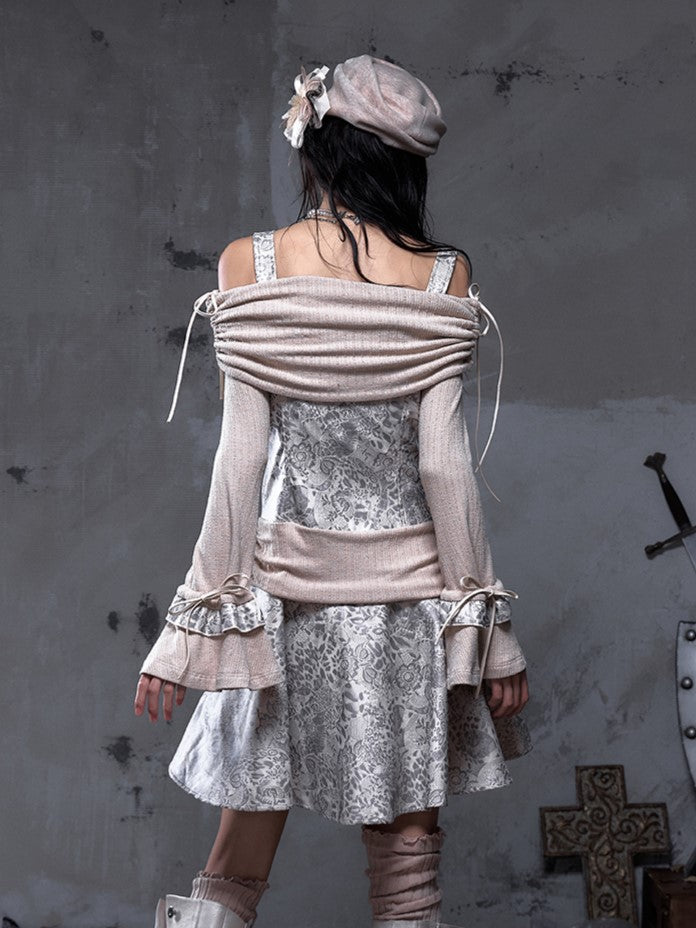 Off-Shoulder Dress Vintage Khaki Knit Punk A-Line with Belt Beige-gray PU Design