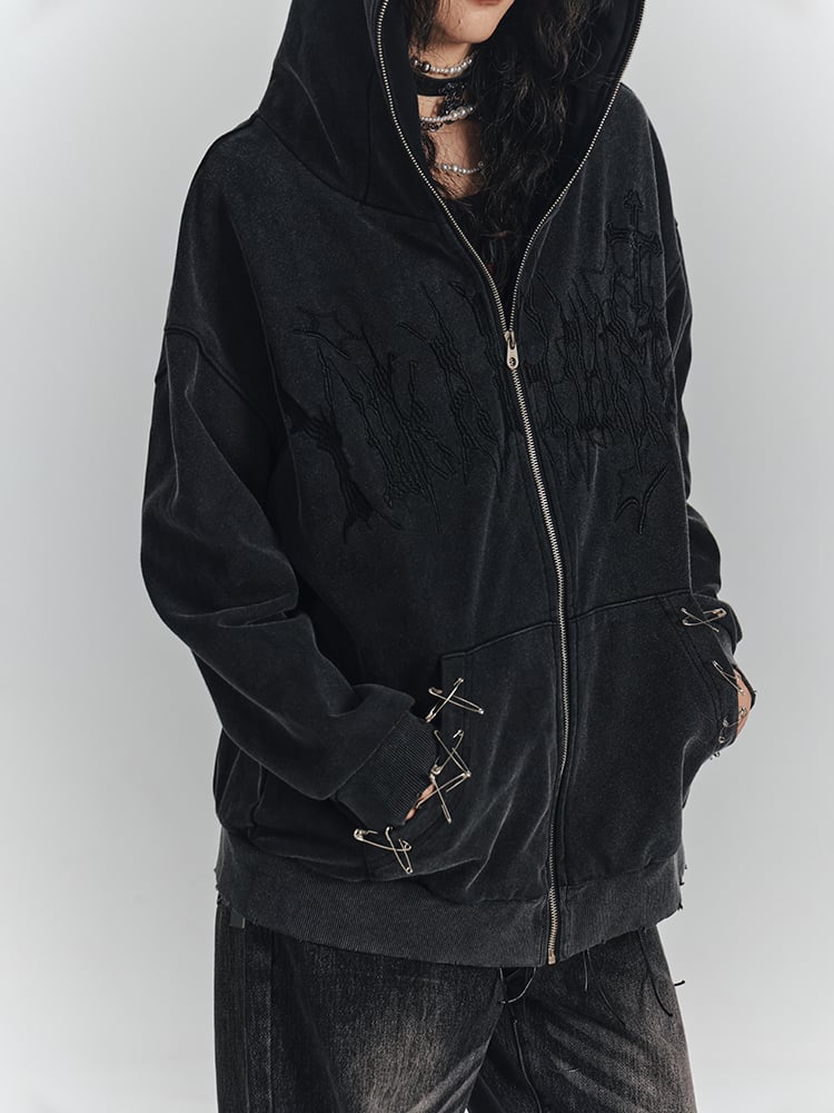Pin Details Cat Embroidery Safety Punk Jacket Cross Hoodie Ear Black with