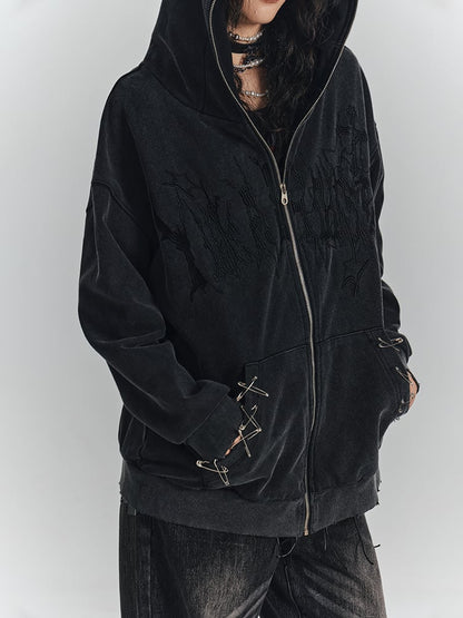 Pin Details Cat Embroidery Safety Punk Jacket Cross Hoodie Ear Black with