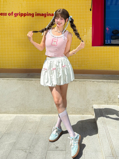 Süßes Tanktop mit rosa Teddybär-Print und Spitzenbesatz