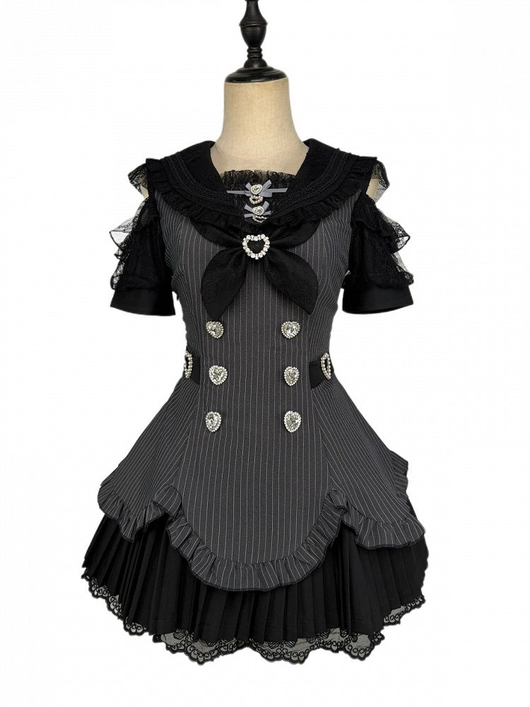 Striped Jirai Kei Sailor Collar Cutout Shoulder Pleated Dress in Black with Rhinestone Buttons Lace and Shorts - Broken Bear