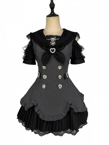 Striped Jirai Kei Sailor Collar Cutout Shoulder Pleated Dress in Black with Rhinestone Buttons Lace and Shorts - Broken Bear