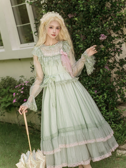 Green Illusion Neckline Blouse with Pink Lace Trim Dress & Brooch - With PUJI