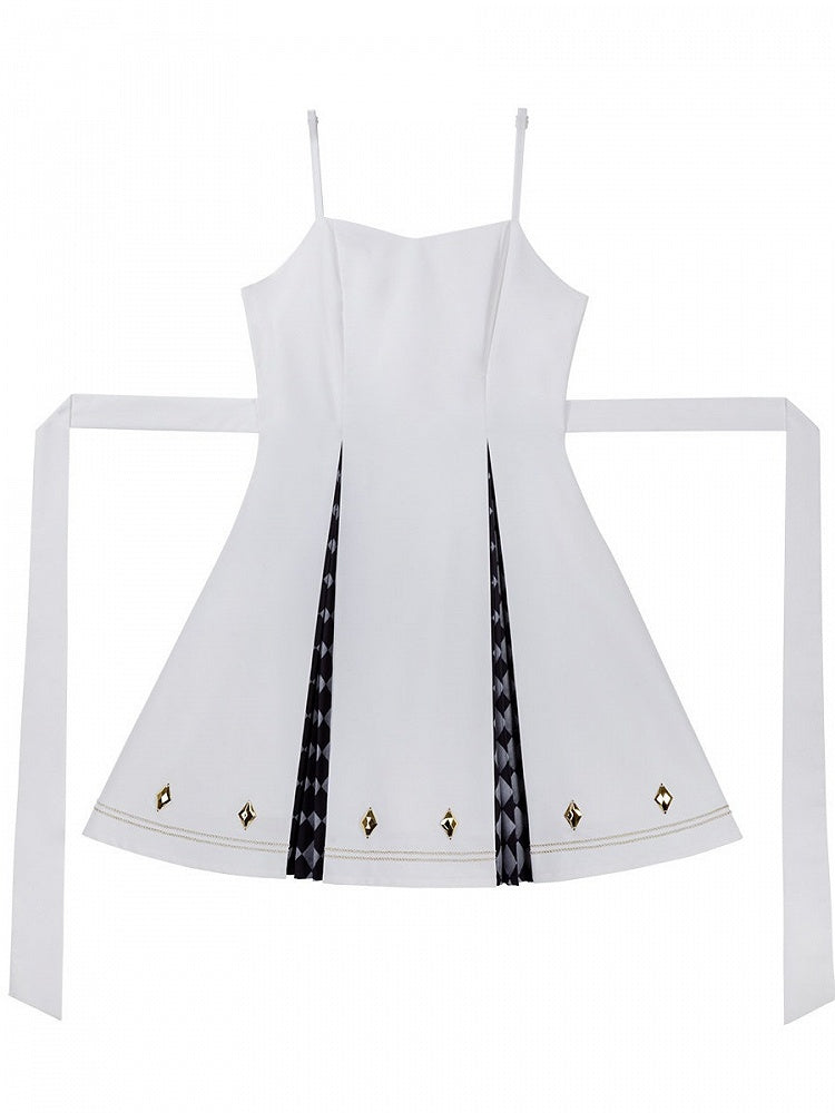 White Checkered Lolita Dress with Self-Tie Belt Detail - Xiong Dou Jiang