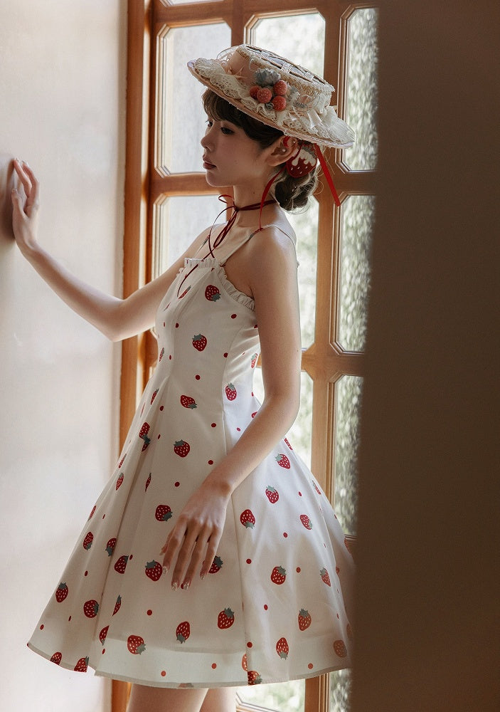 und weiß JSK süßes Kleid Polka Dots Sommer Lolita Erdbeere Sonne Druck