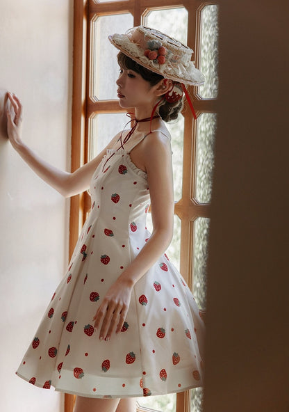und weiß JSK süßes Kleid Polka Dots Sommer Lolita Erdbeere Sonne Druck