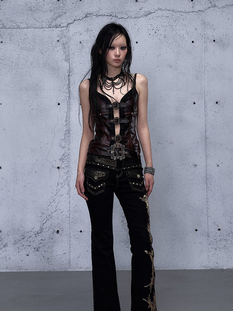 Adjustable Cami Straps with Red Shoulder Lace Ruffle Punk Trim Dark Rock Top