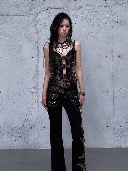 Adjustable Cami Straps with Red Shoulder Lace Ruffle Punk Trim Dark Rock Top