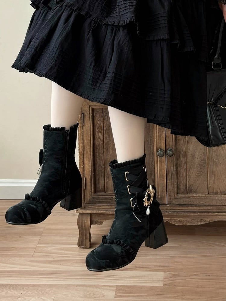 Black Lace-Up Elegant Round Toe Ankle Boots with Removable Bow Accents - Magic Peach