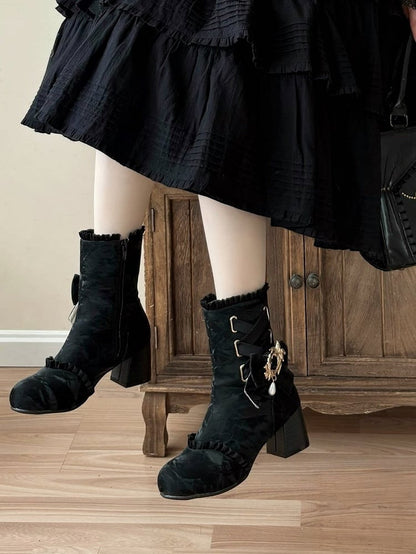 Black Lace-Up Elegant Round Toe Ankle Boots with Removable Bow Accents - Magic Peach