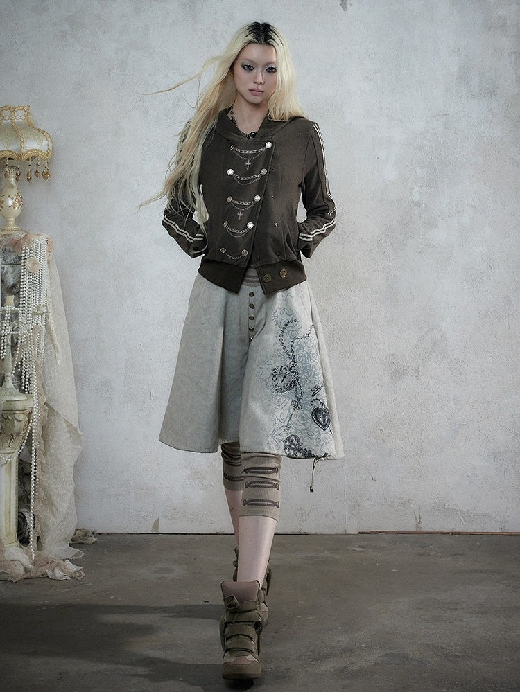 Khaki Green Double-Breasted Hooded Jacket with Chain Embroidery Details, Punk Fashion - NO ROMANCE