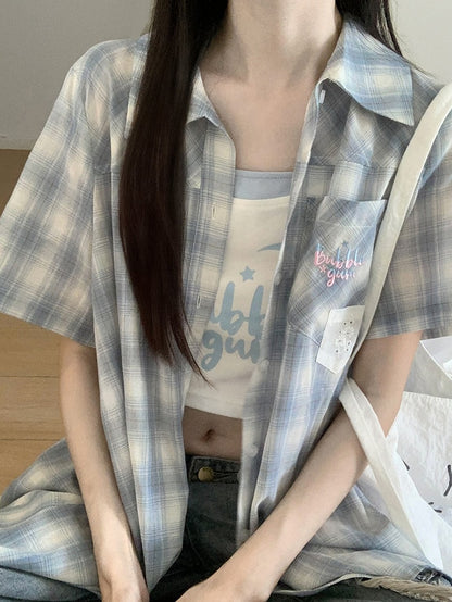 with Back Plaid Shirt Sleeves Short Blue Back Slit Bow Self-tie