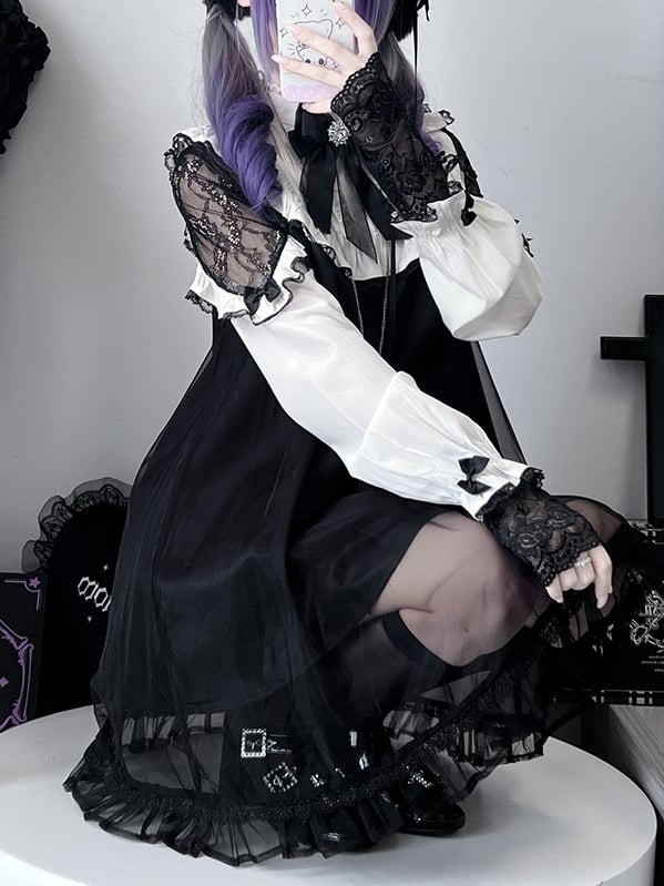 ジライケイ ブラック レースパッチ ショルダー メッシュオーバーレイ ロングスリーブ ドレス