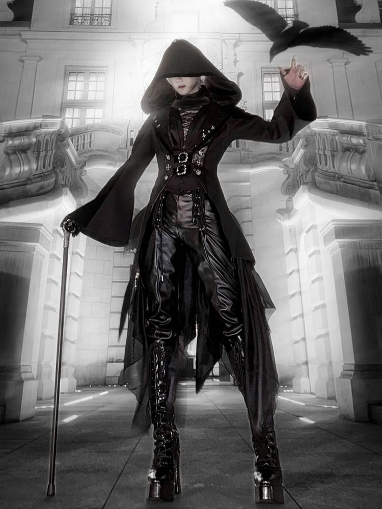 and Gothic Ouji Detachable Black Hood Irregular with Sleeves Coat Train Trumpet Lolita Trench