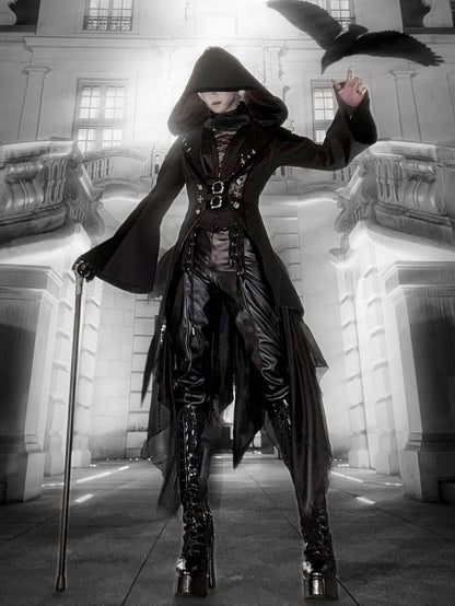 and Gothic Ouji Detachable Black Hood Irregular with Sleeves Coat Train Trumpet Lolita Trench