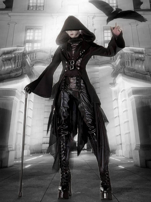 and Gothic Ouji Detachable Black Hood Irregular with Sleeves Coat Train Trumpet Lolita Trench
