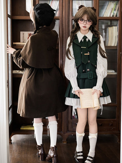 Quilted Coat Vibes Little with Dark Brown Cape Design Lining Academia Cotton Detective