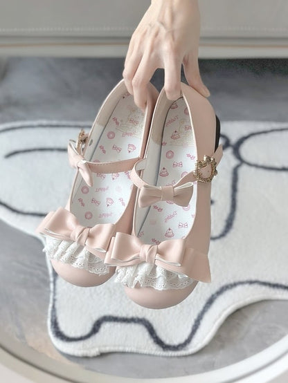 Low-heel/Mid-heel Accents Sweet Delicate Bow Lace Mary Pink Lolita Shoes in Jane