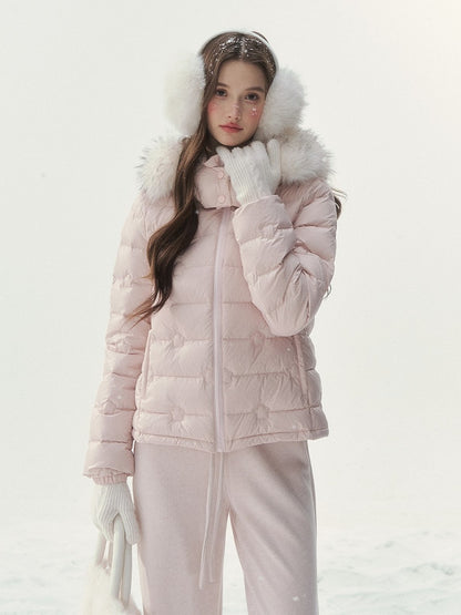 Hood Quilted Jacket Floral Plush with Pink Down Embossed Pattern Trim