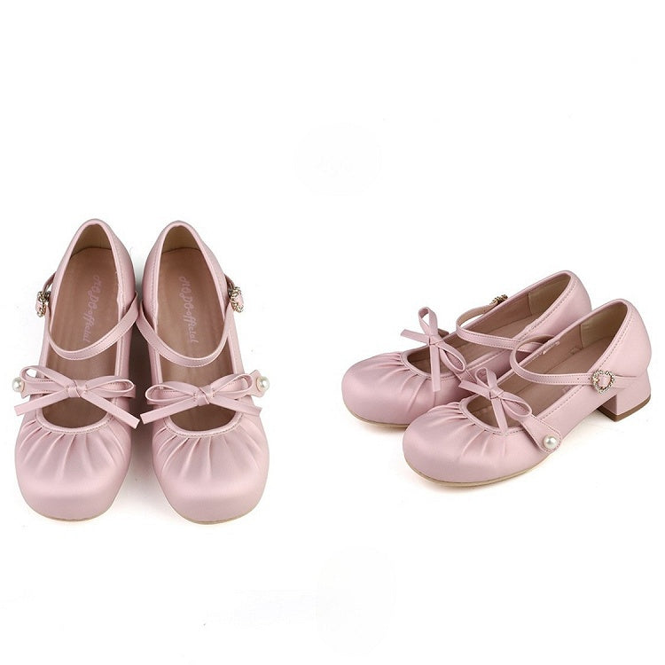Rhinestone Knotted Janes at Toe Mary Lolita Round Sweet Heart Buckle Top Bow - Pink