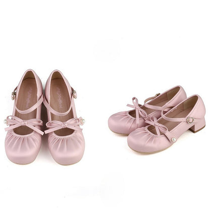 Rhinestone Knotted Janes at Toe Mary Lolita Round Sweet Heart Buckle Top Bow - Pink
