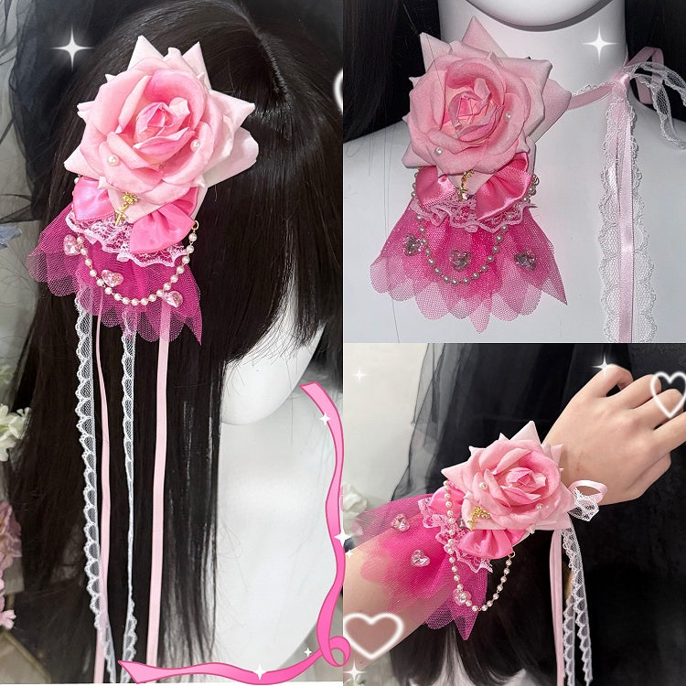 Charm Floral Rosa Haarspange/Halsband/Armband Perlen