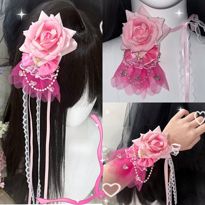 Charm Floral Rosa Haarspange/Halsband/Armband Perlen