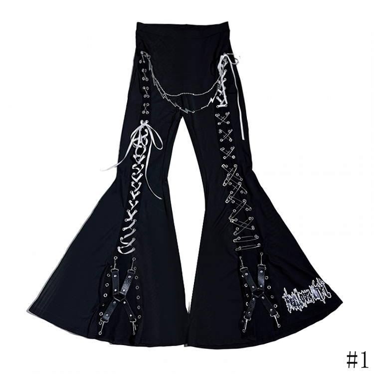 Design with Black and Flared Detailing Lace-Up Pants Pin Safety Symmetrical Slit