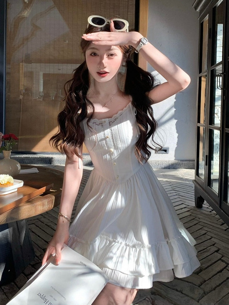 White Lace Detail Summer Holiday Dress - Qchiwawameme