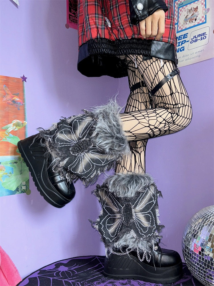 Jambières à poils longs Y2K avec appliques papillons 25 cm