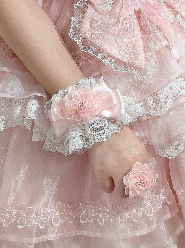 Cuffs Pink Lace Bowknot Wrist Floral Design