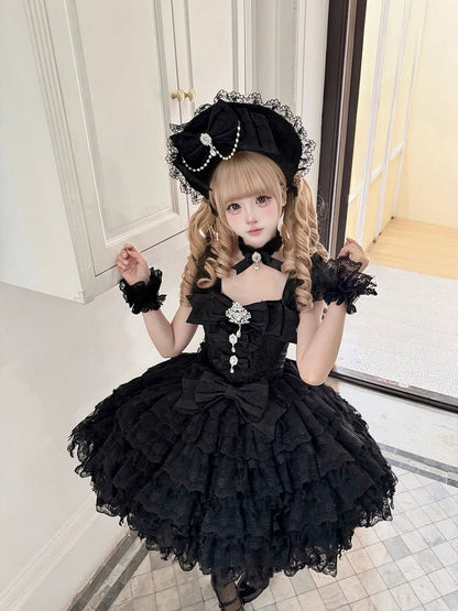 Sweet Hime-Style Rhinestone Lolita Multi-Layered with Black / Dress Skirt Details Bow Train Choker Big JSK Lace +