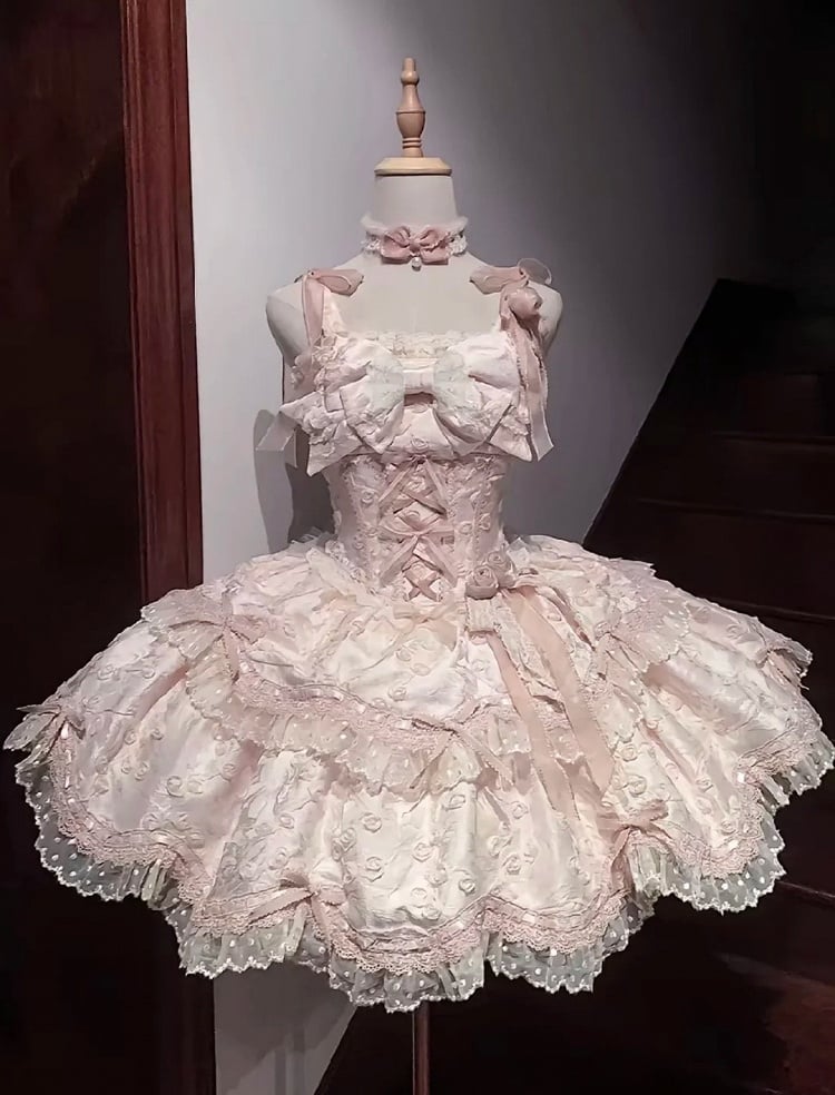 Lolita Lace Jacquard JSK Dress Bow Doll-Style Pink with Floral