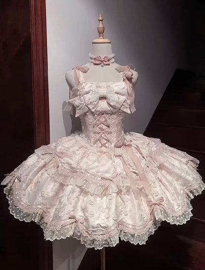Lolita Lace Jacquard JSK Dress Bow Doll-Style Pink with Floral
