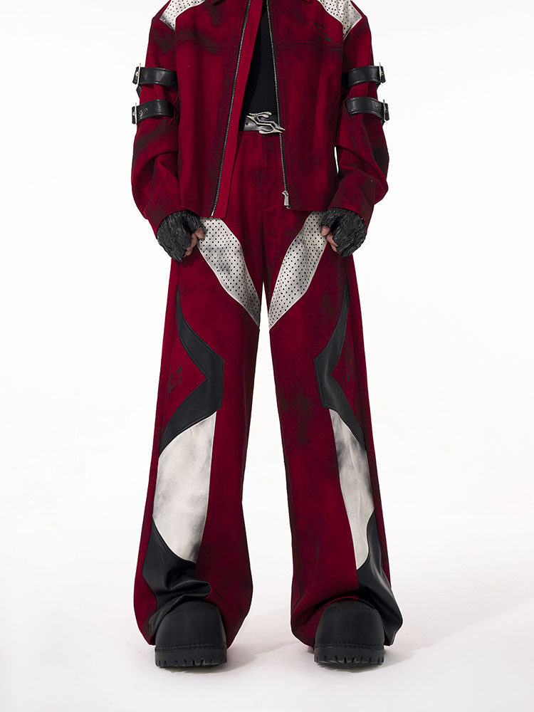 Design Leather Wide-leg Panel Pants Men's Red with