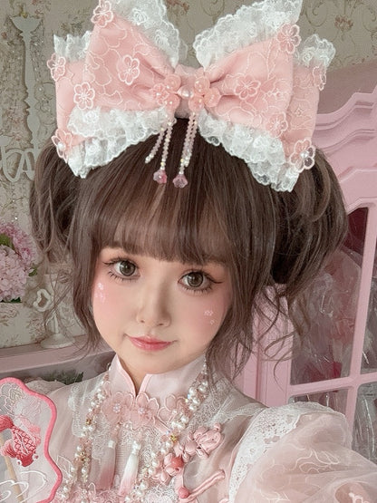 Gorgeous Trim Design Beaded Version Pink Bowknot KC Charm Floral Lace