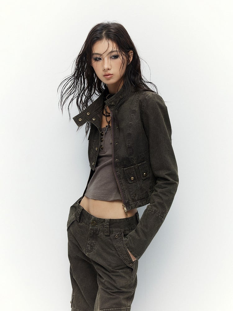 Vintage Coffee Short Zip Jacket with Pocket - Low pixel