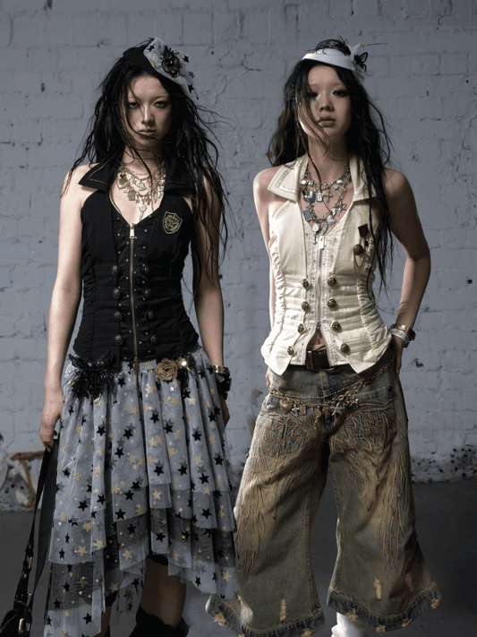 Backless Black/Beige Zip-up Vintage Navycore Gold-tone Buttons