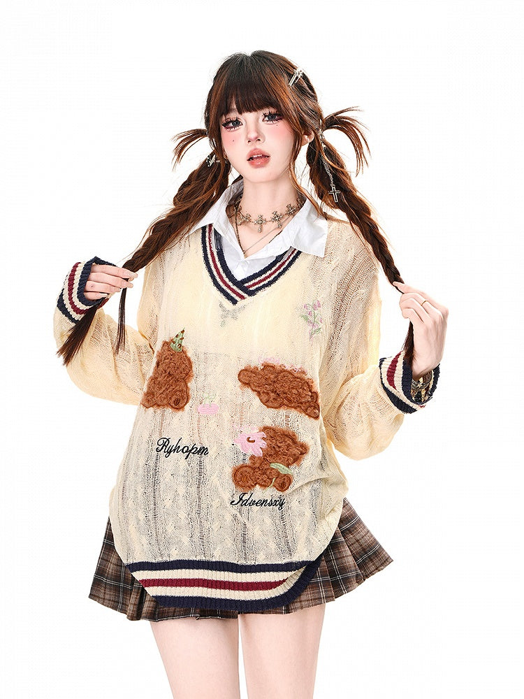 スタイルベア柄 アプリコット プレッピー フェイクツーピースシャツ 日焼け防止 透かし