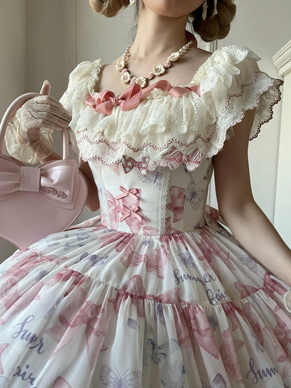 Pink Bows and Butterfly Print Lolita Dress Two Ways Wear Neckline