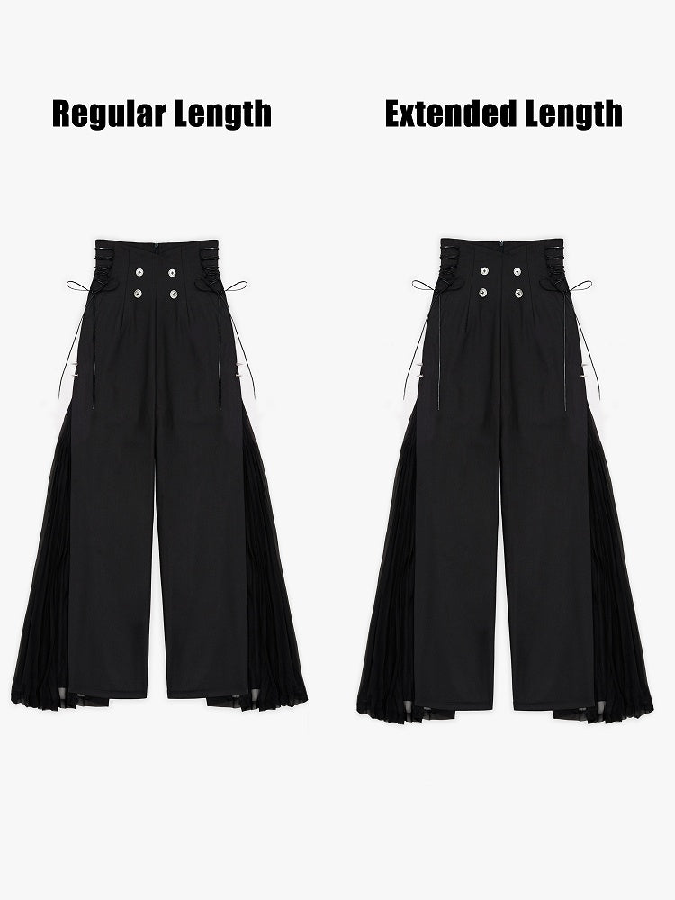Ouji Style 110cm High Waist Wide-Leg Black Pants with Pleated Chiffon Panel - DevilInspired Exclusive Collection