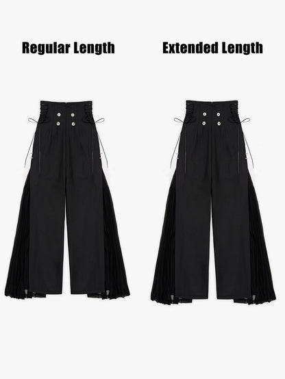 Ouji Style 110cm High Waist Wide-Leg Black Pants with Pleated Chiffon Panel - DevilInspired Exclusive Collection
