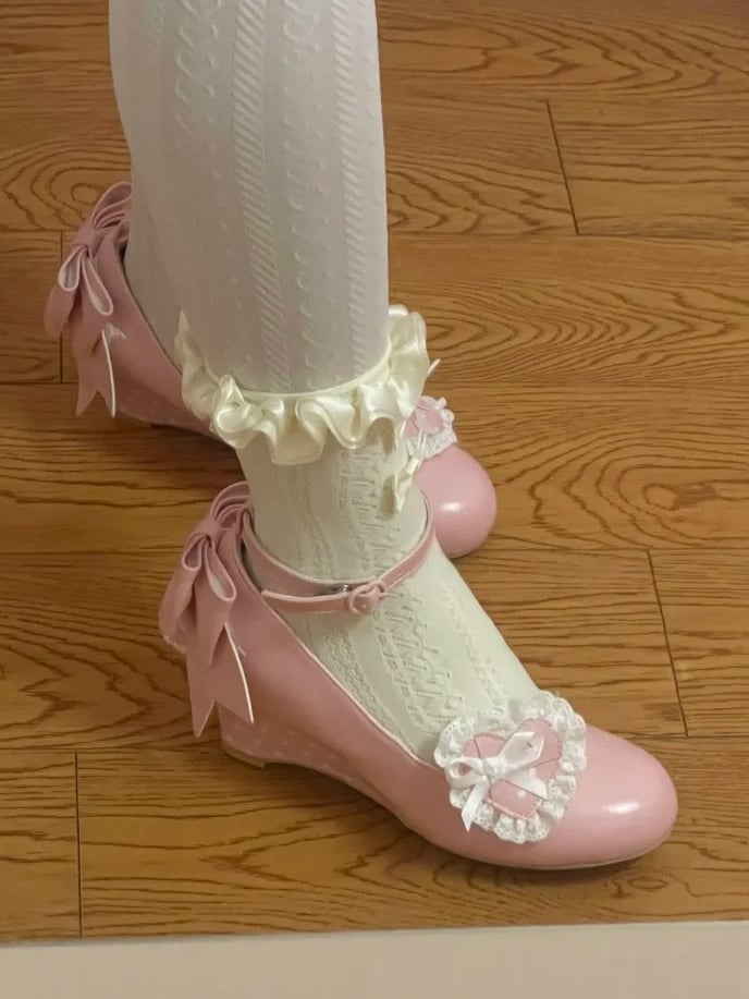- Janes Heart Wedge Detachable Pink Mary Sweet PU Trimmed Lace Lolita