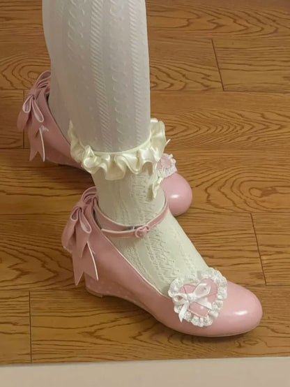 - Janes Heart Wedge Detachable Pink Mary Sweet PU Trimmed Lace Lolita